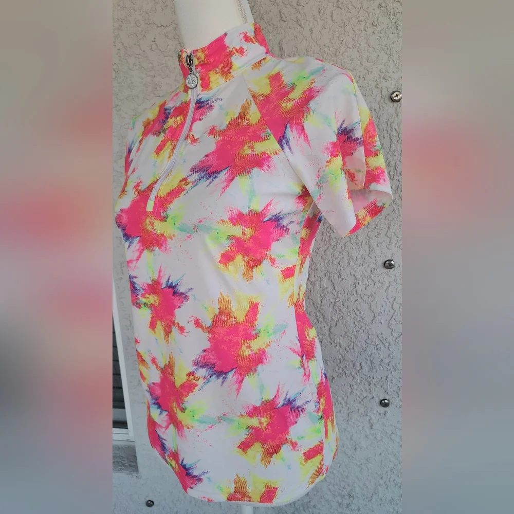 Tzu Tzu Women's Colorful Short Sleeve Zip-Up Top - Picture 5 of 6
